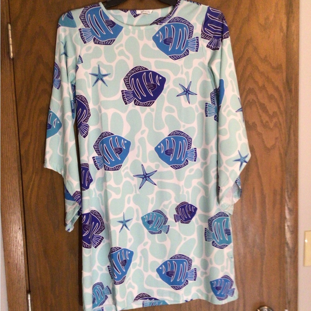 Long Sleeve Tropical Fish Print Dress in Aqua and Blue Small Casual